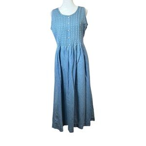 Vintage British Khaki Blue Denim Maxi Dress 100% Cotton Casual Cottage Women’s 6